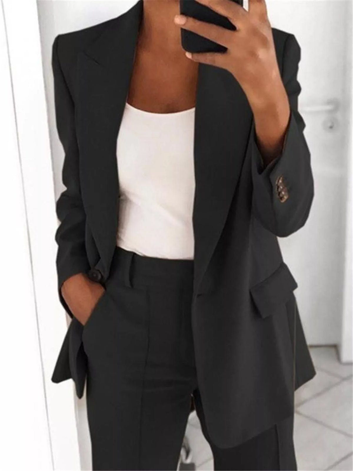 Collared long sleeve outfit set, front view on model