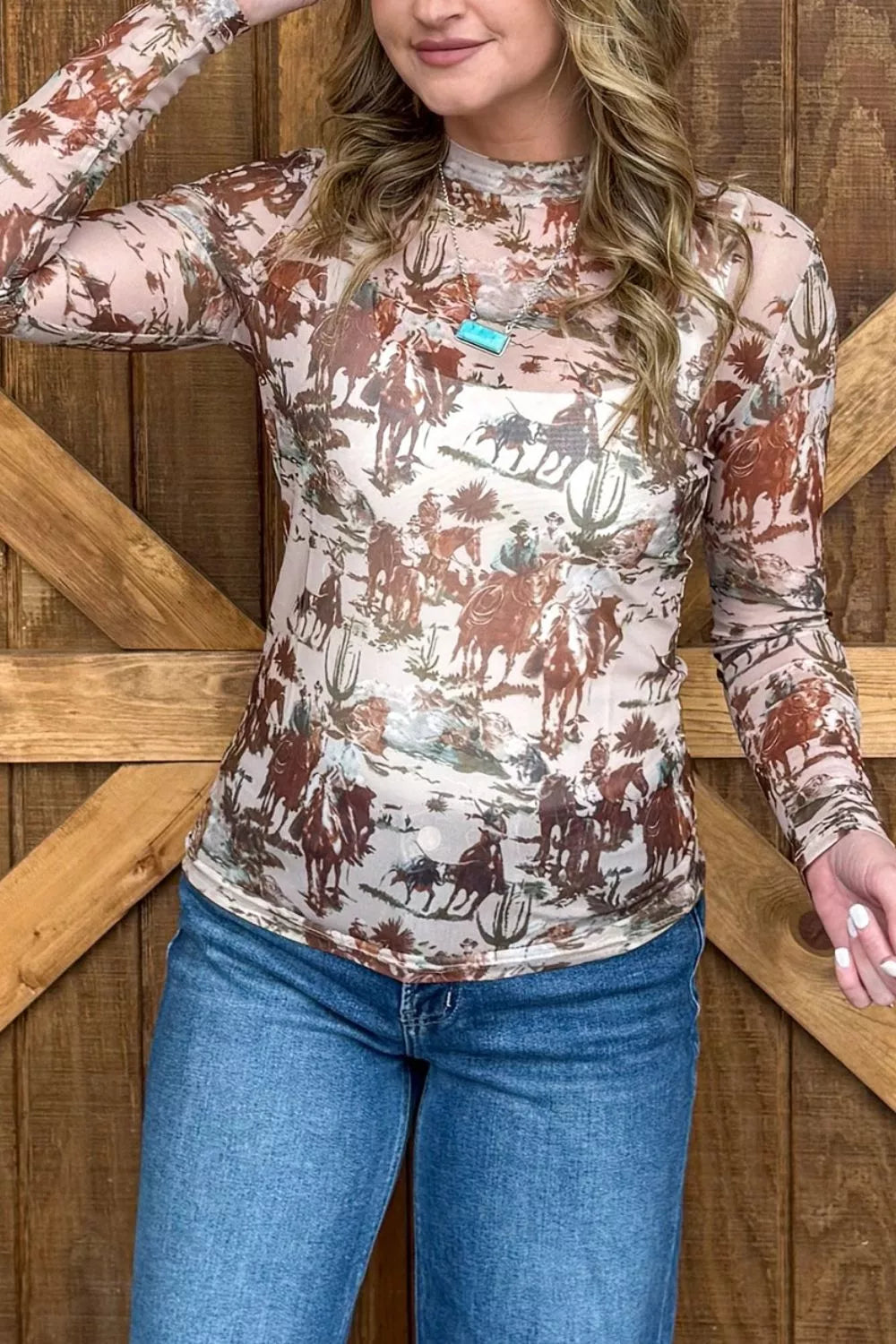 Trendsi Western Scene Mesh Long Sleeve Top -