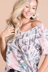 Trendsi BiBi Tie Dye Print Terry Deep U Neck Top -