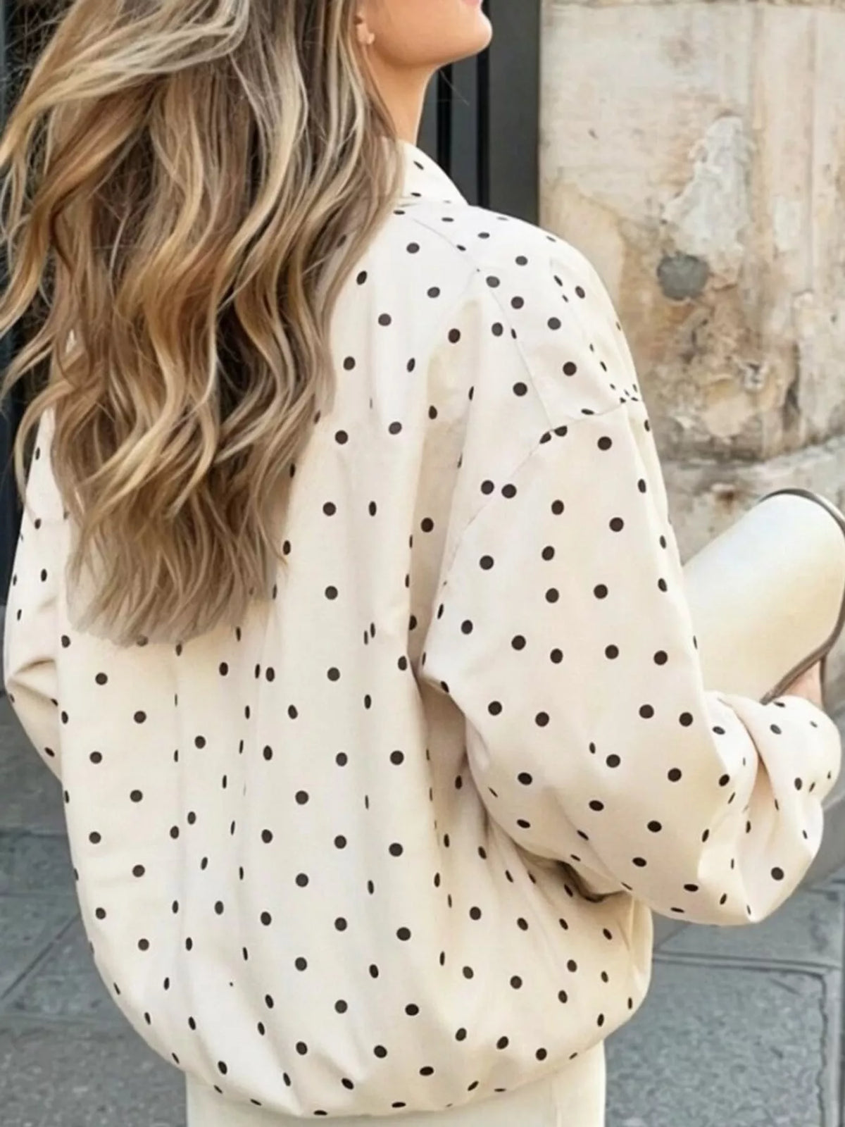Cream polka dot zip-up jacket — back view