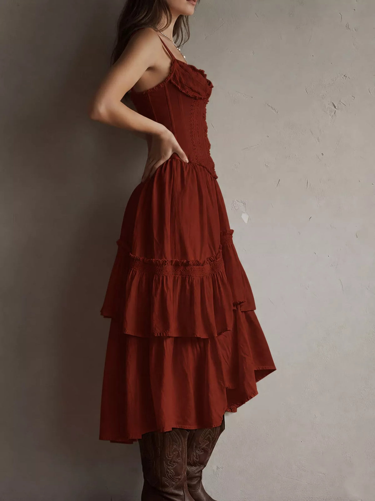 Layered Ruffle Midi Dress, back view in rust