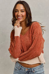 Trendsi SO ME Chenille Cable Knit V Neck Contrast Cropped Sweater -