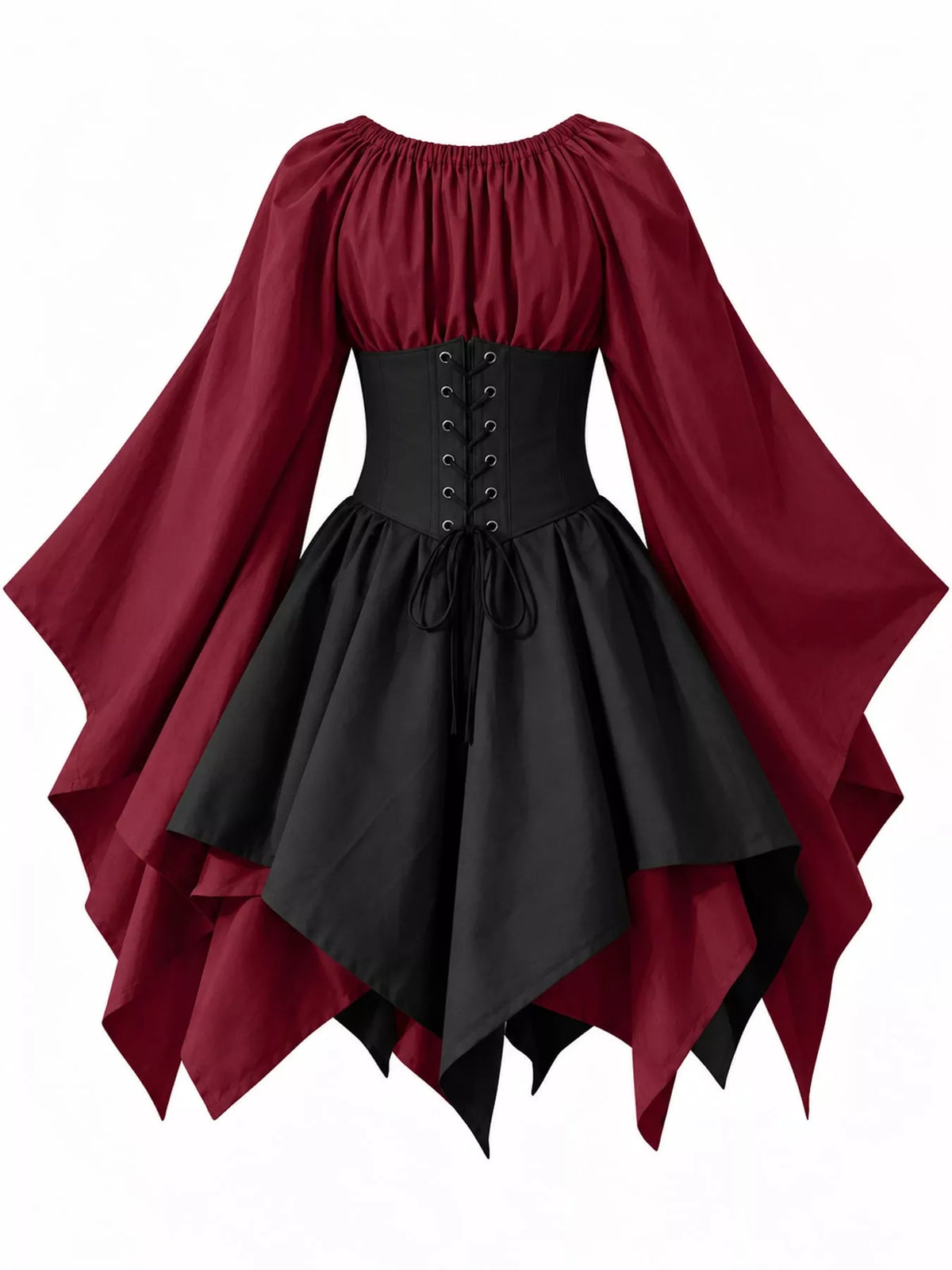 Lace-up asymmetric dress, burgundy black back
