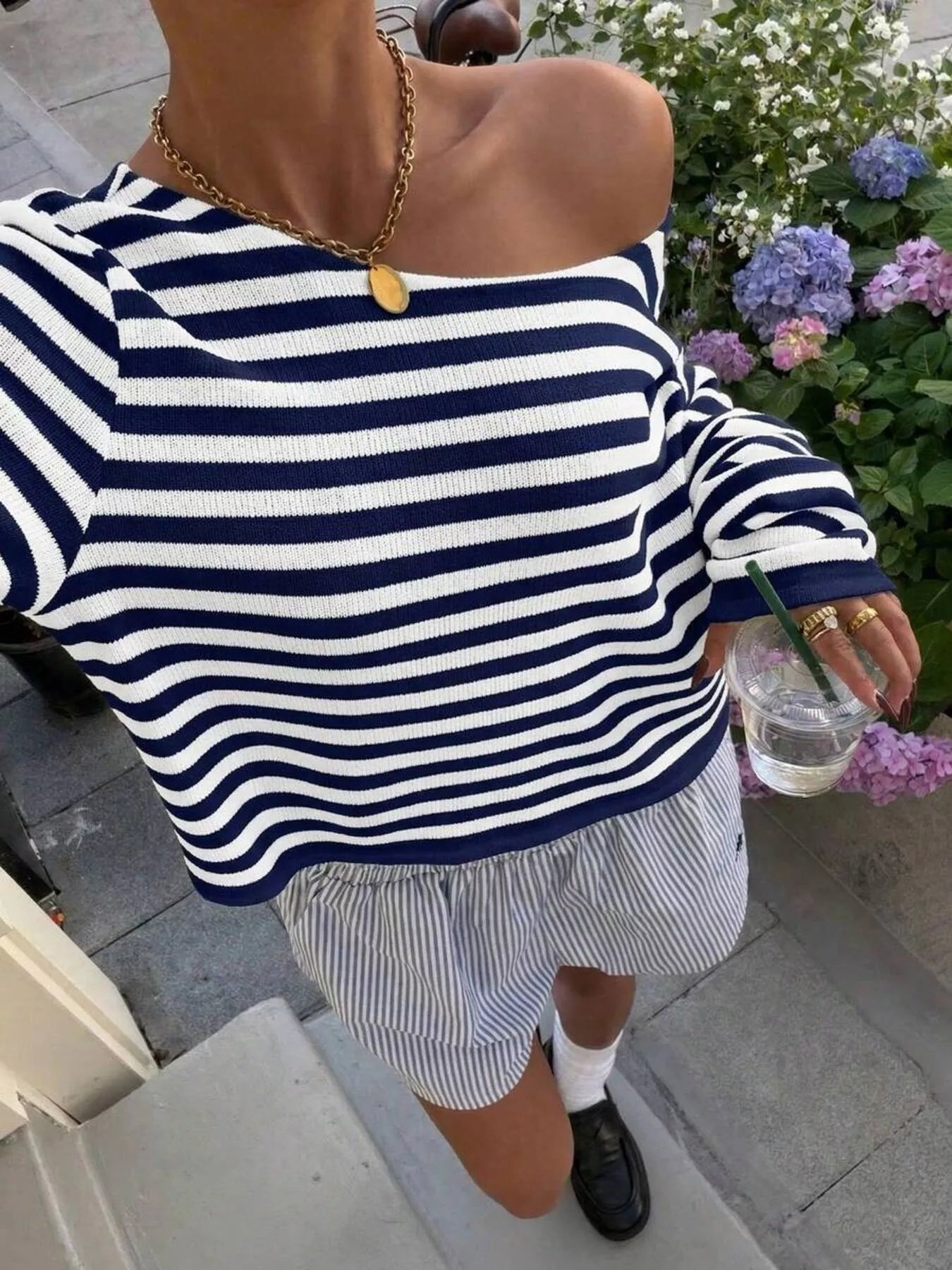 Trendsi Boat Neck Striped Long Sleeve T-Shirt -
