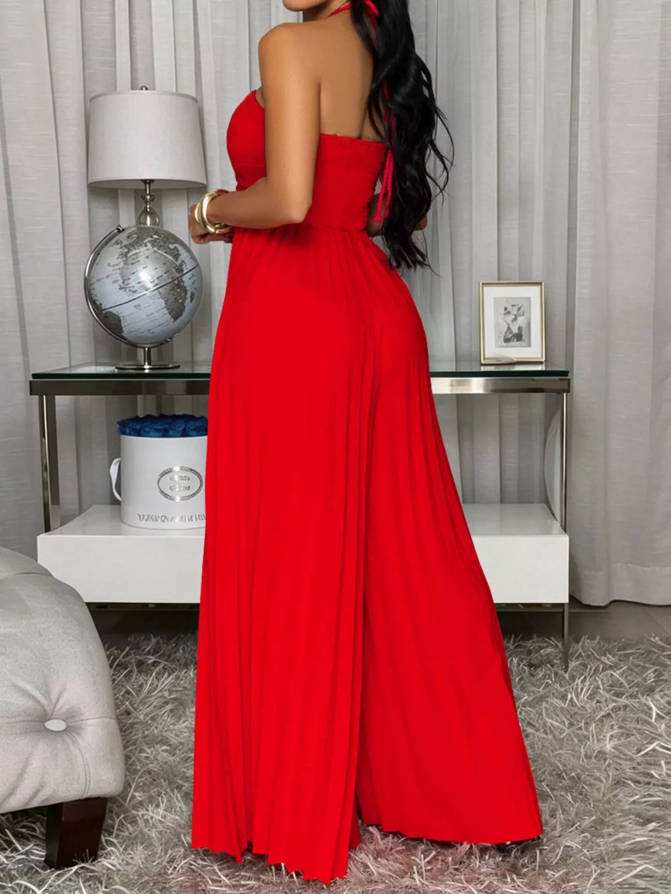 Trendsi Pleated Halter Neck Wide Leg Jumpsuit -