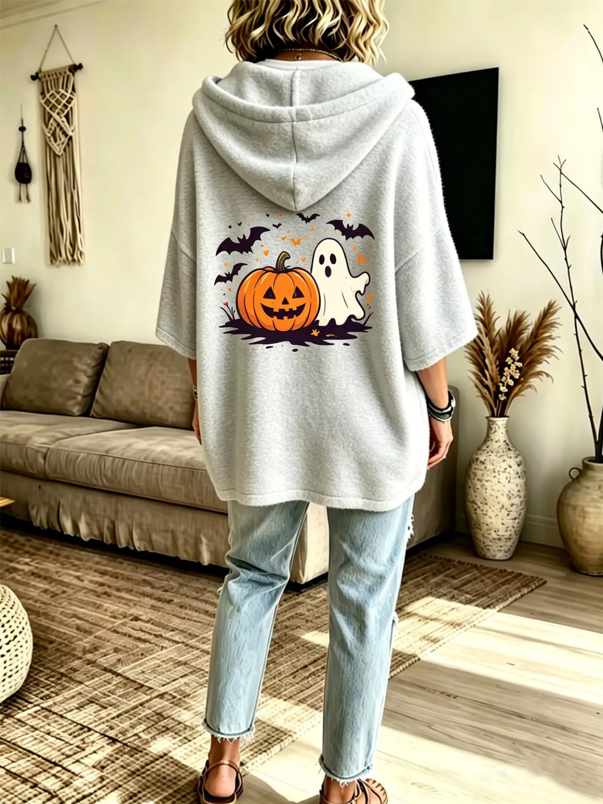 Gray oversized halloween pumpkin ghost hoodie, back view