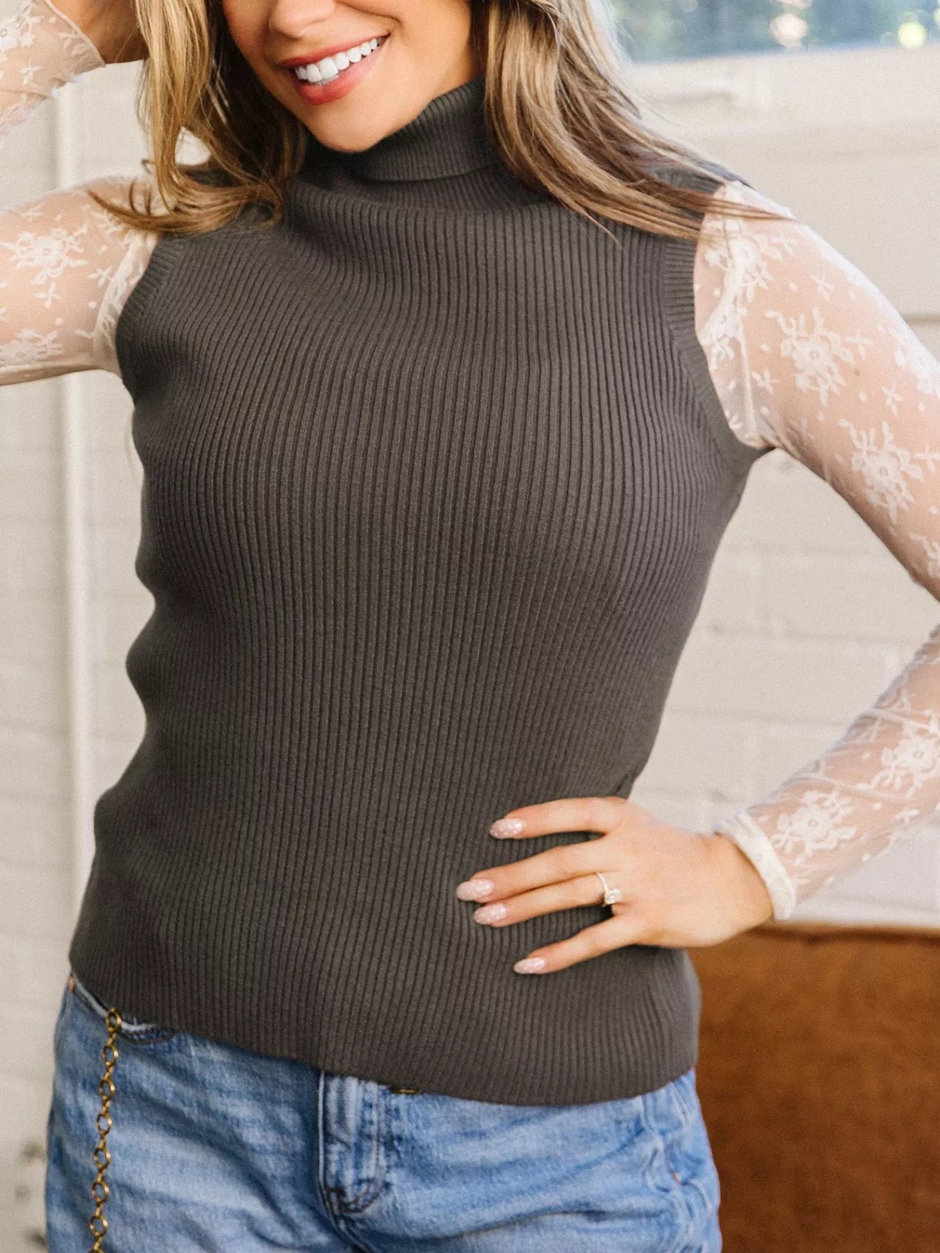 Trendsi Ribbed Knit High Neck Sleeveless Waist Slim Fit Sweater Vest -