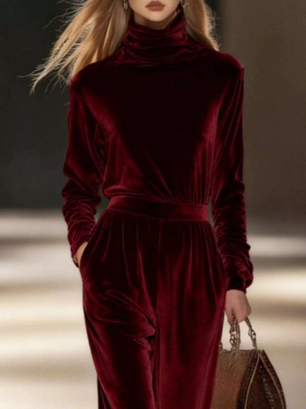 Women's Velvet Turtleneck Long-Sleeve Top & Wide-Leg Pants Set — alternate view 10