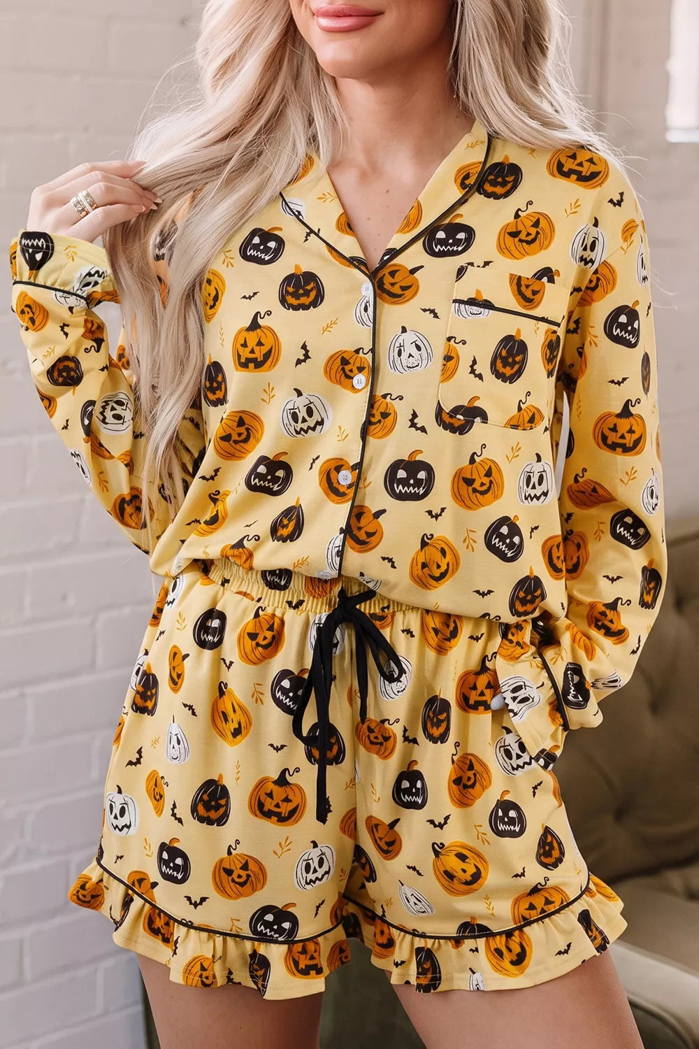 Trendsi Halloween Pumpkin Print Long Sleeve Two Piece Lounge Set -