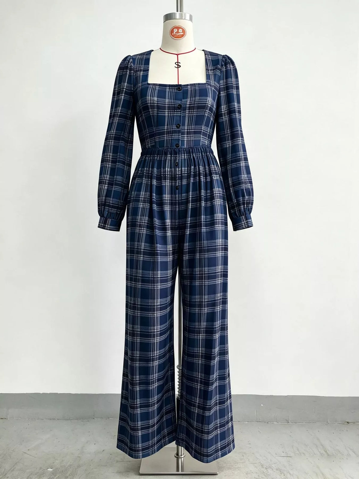Plaid jumpsuit, navy hanging front