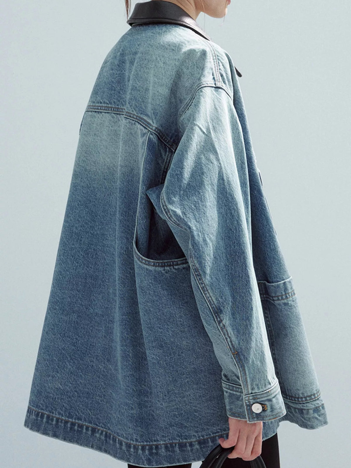 Denim Blue button up dropped shoulder denim jacket, back view