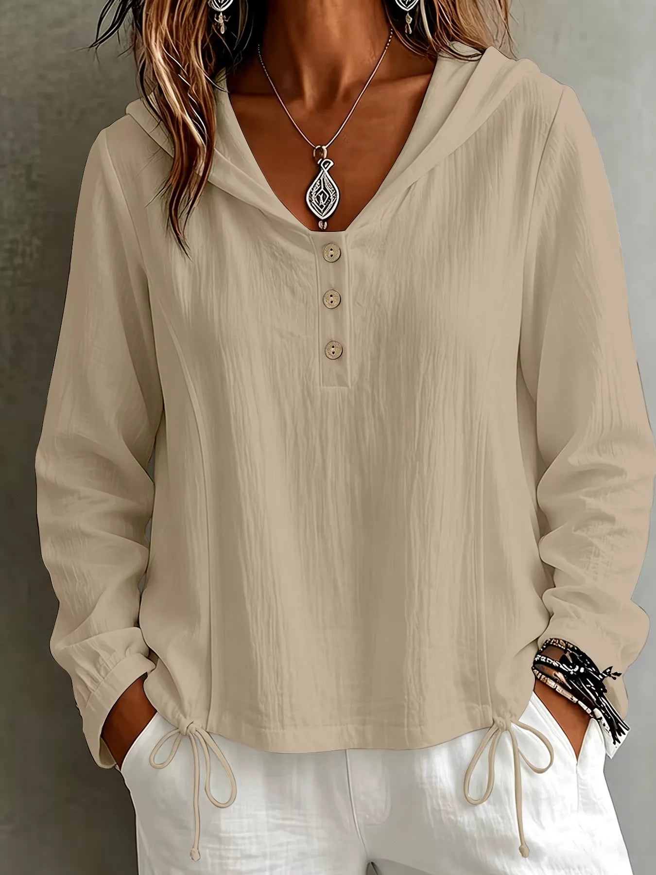 Trendsi Button Detail Long Sleeve Hooded Blouse -