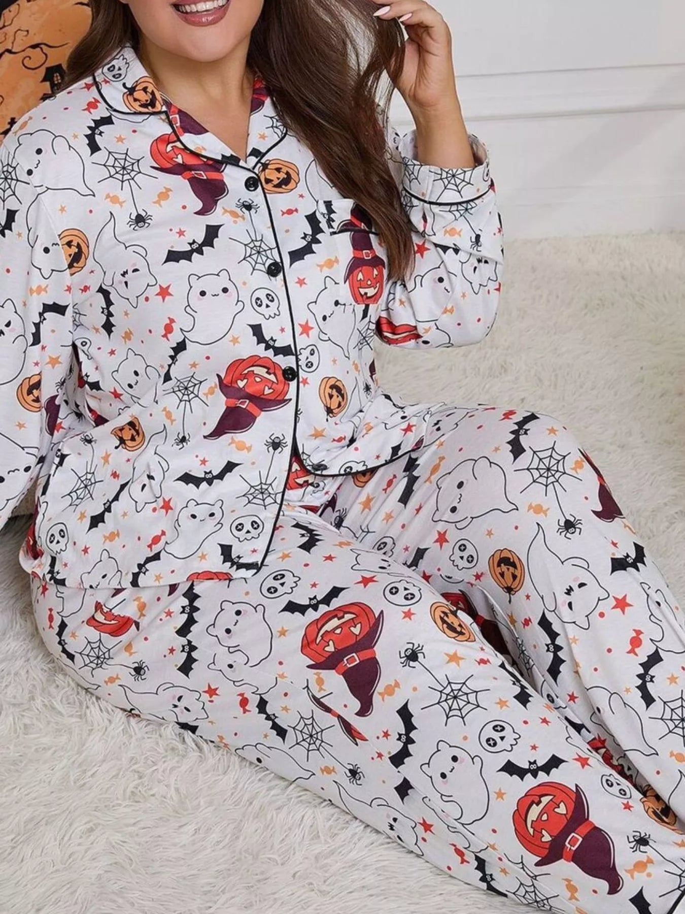 Trendsi Plus Size Halloween Ghost and Pumpkin Print Top and Pants Lounge Set -