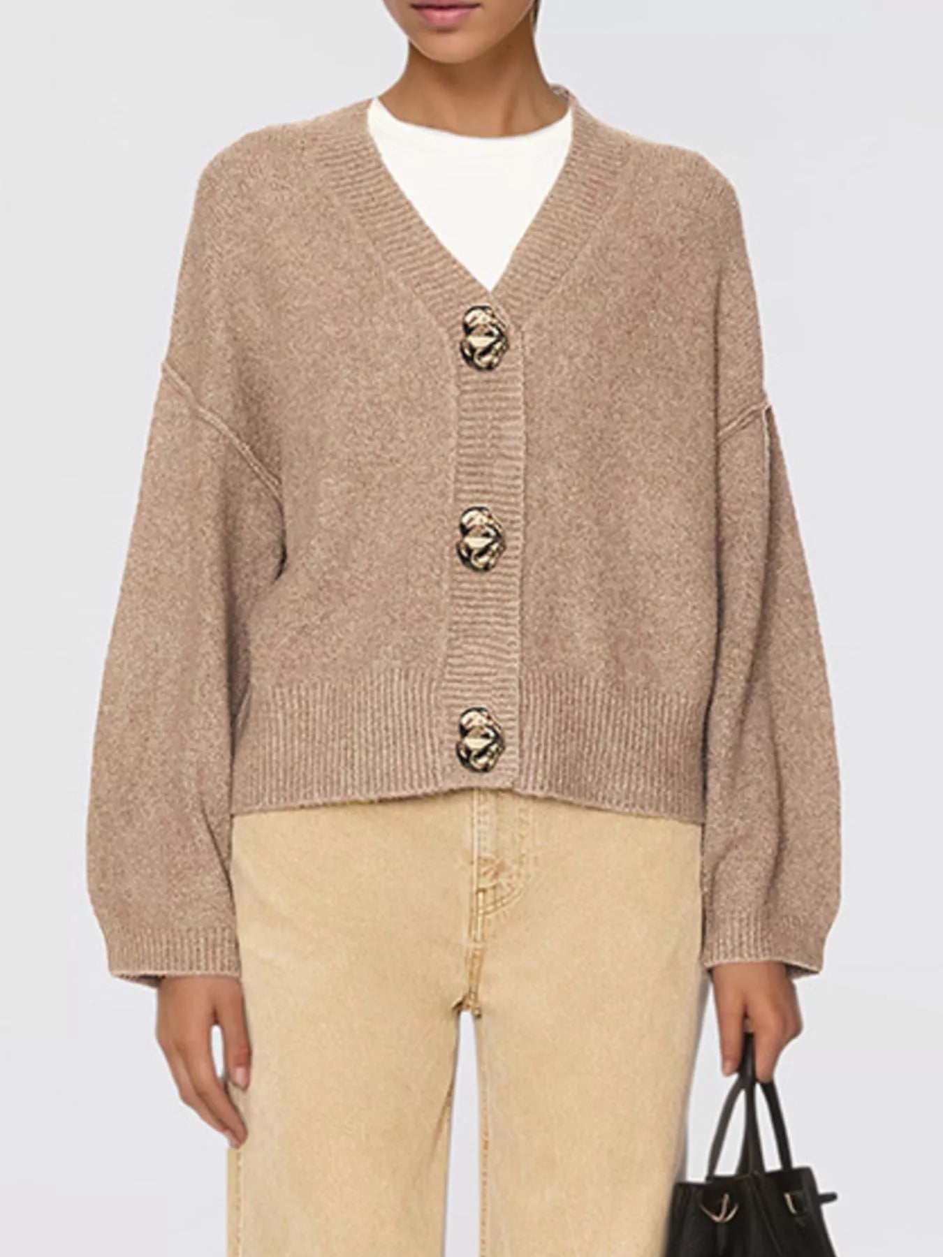 Trendsi Gold Buttons V-Neck Cardigan -