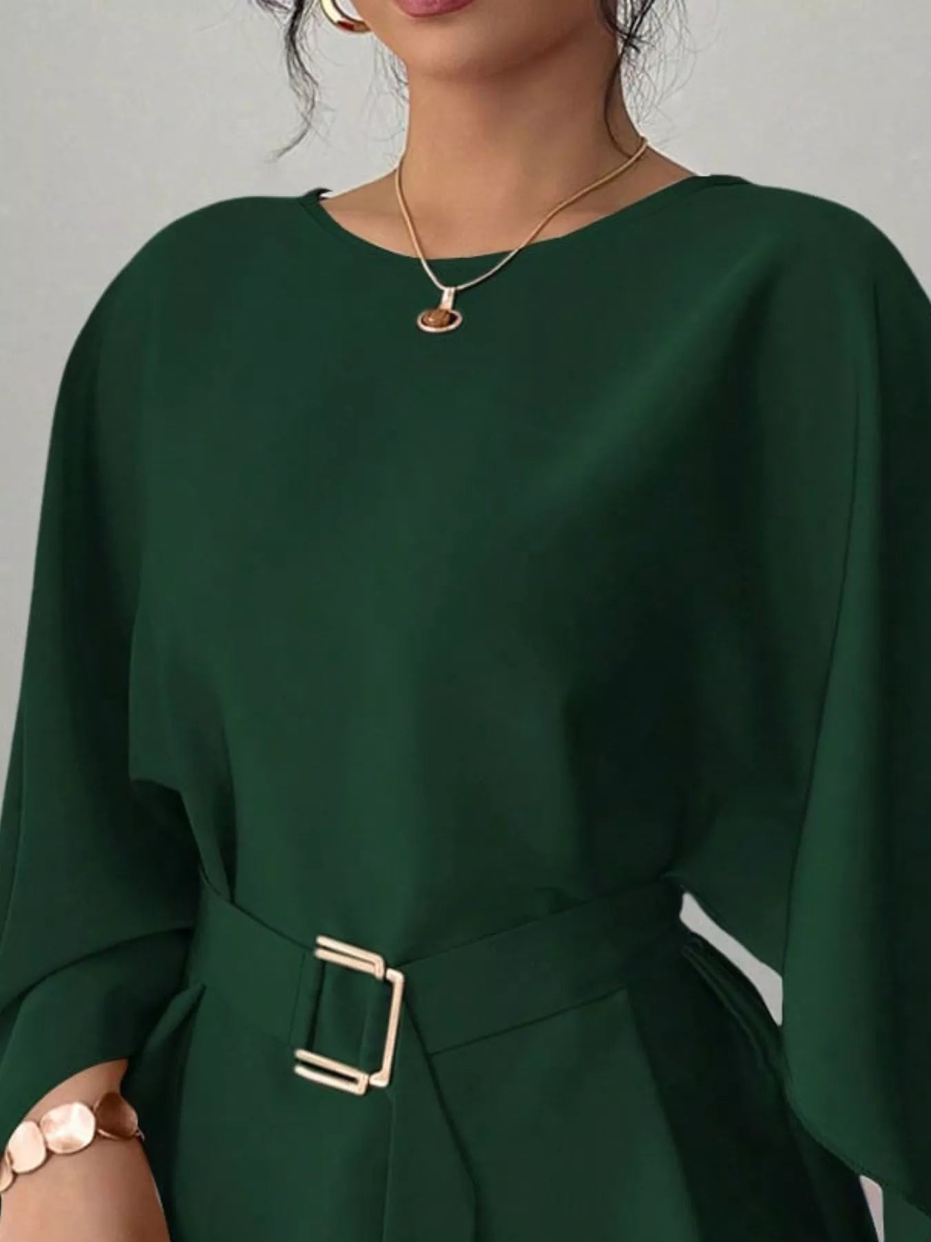 Round-neck belt batwing-sleeve blouse