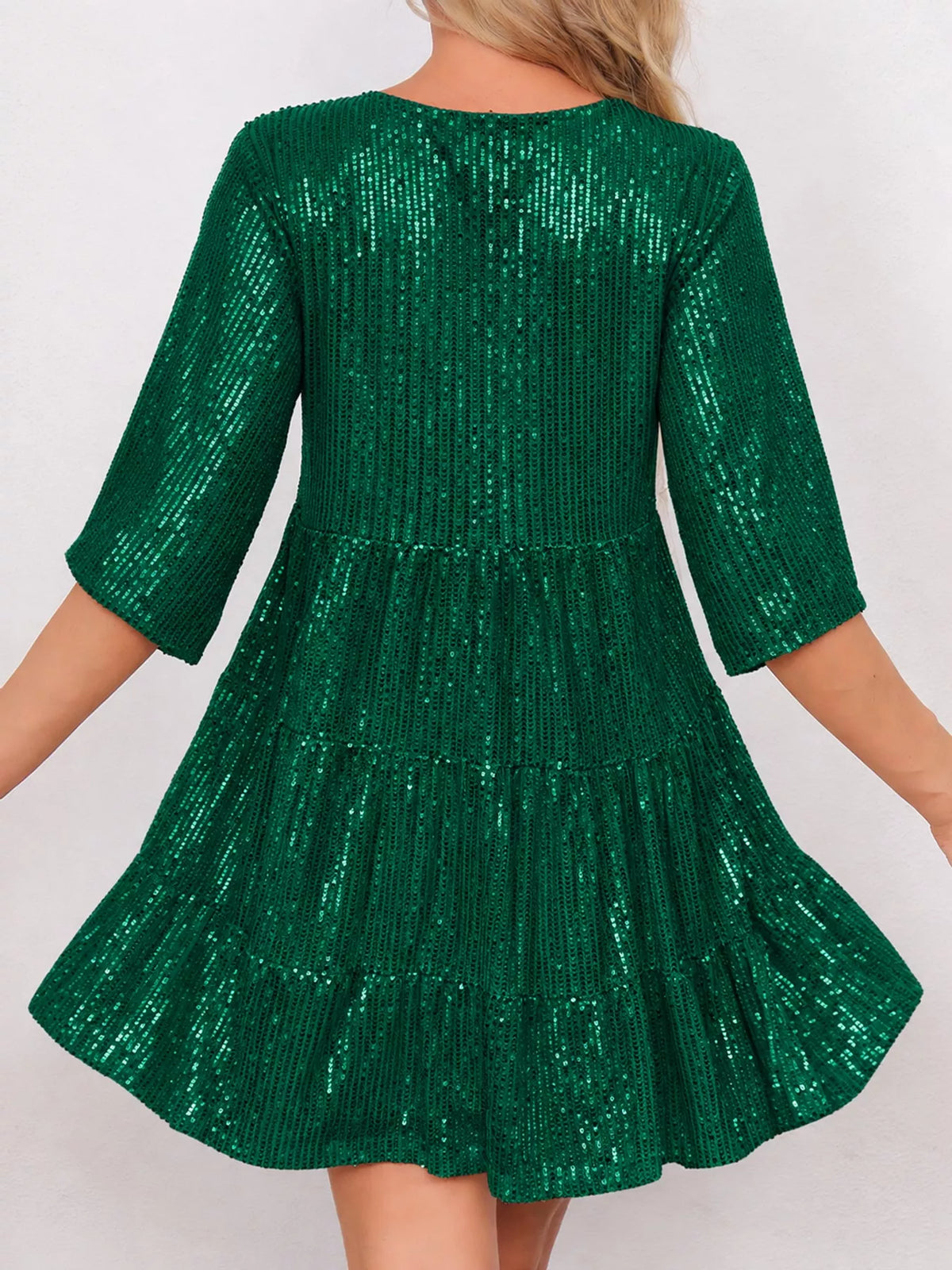 Round neck 3/4 sleeve mini dress, back view