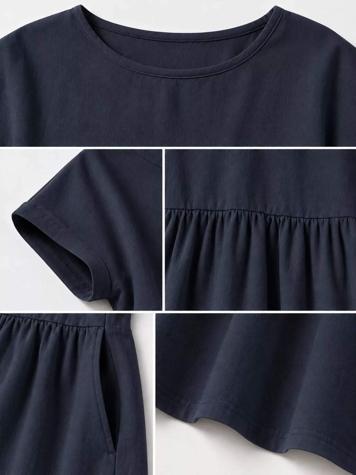 Round neck short sleeve midi dress, construction and design details
