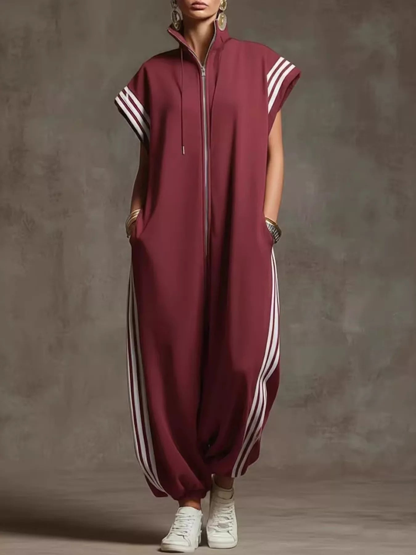 Trendsi Full Size Side Stripe Zip-Front Wide Leg Jumpsuit Plus Size -