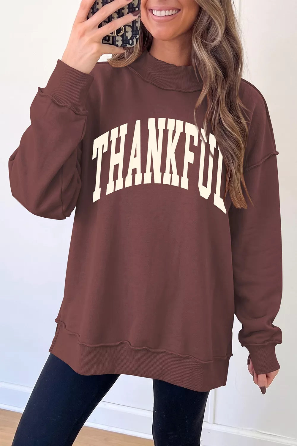 Brown thanksgiving high neck graphic sweatshirt