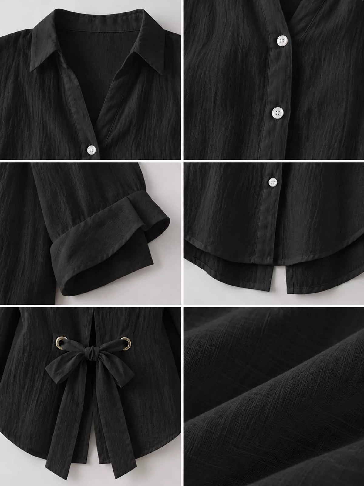 Black loose fit tie back shirt, detail view