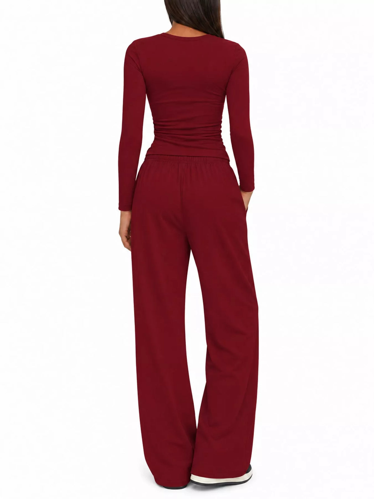 Long Sleeve Ruched Top and Wide-Leg Drawstring Pants Set — back view