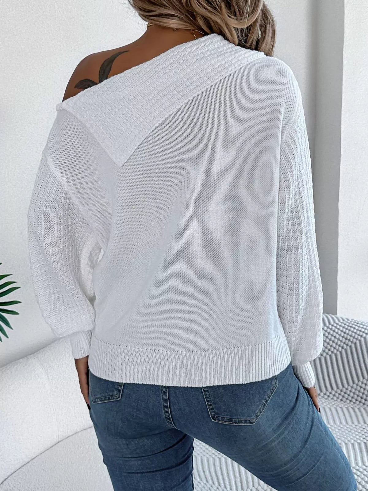 One Shoulder Cable Knit Sweater in white, back view