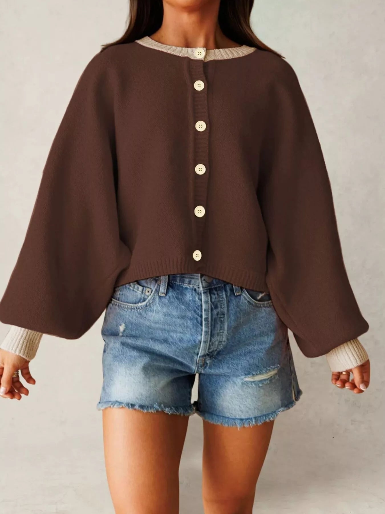 Trendsi Button-Front Knit Cardigan with Contrast Trim -
