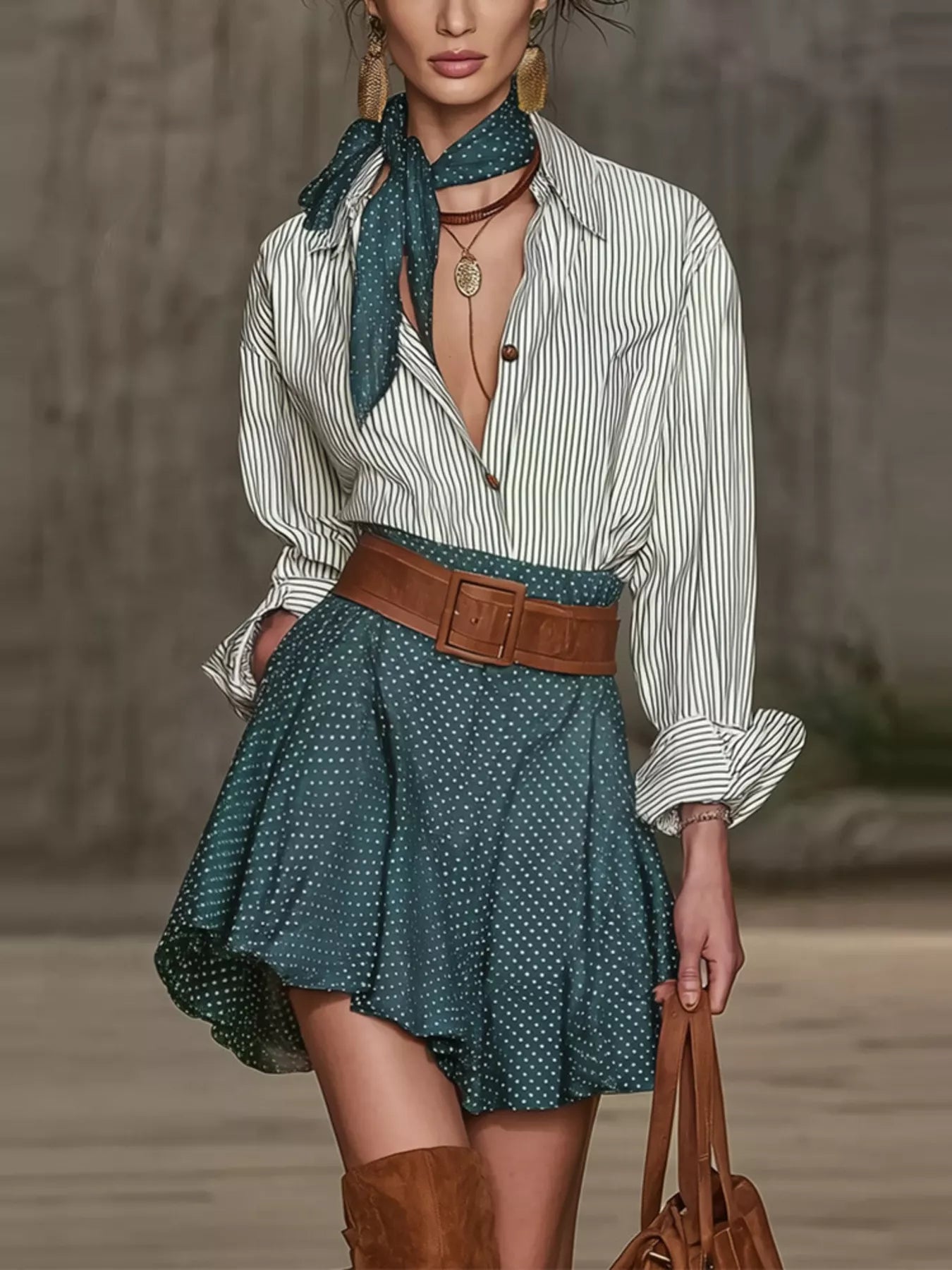 Trendsi Button Up Shirt and Polka Dot Skirt Set -