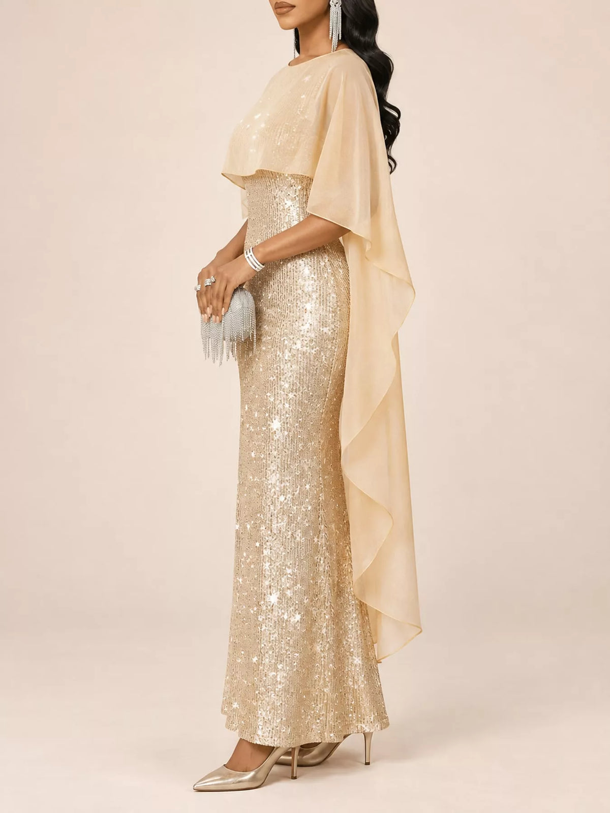 Women's Sequin Cape Overlay Evening Dress in champagne — side view