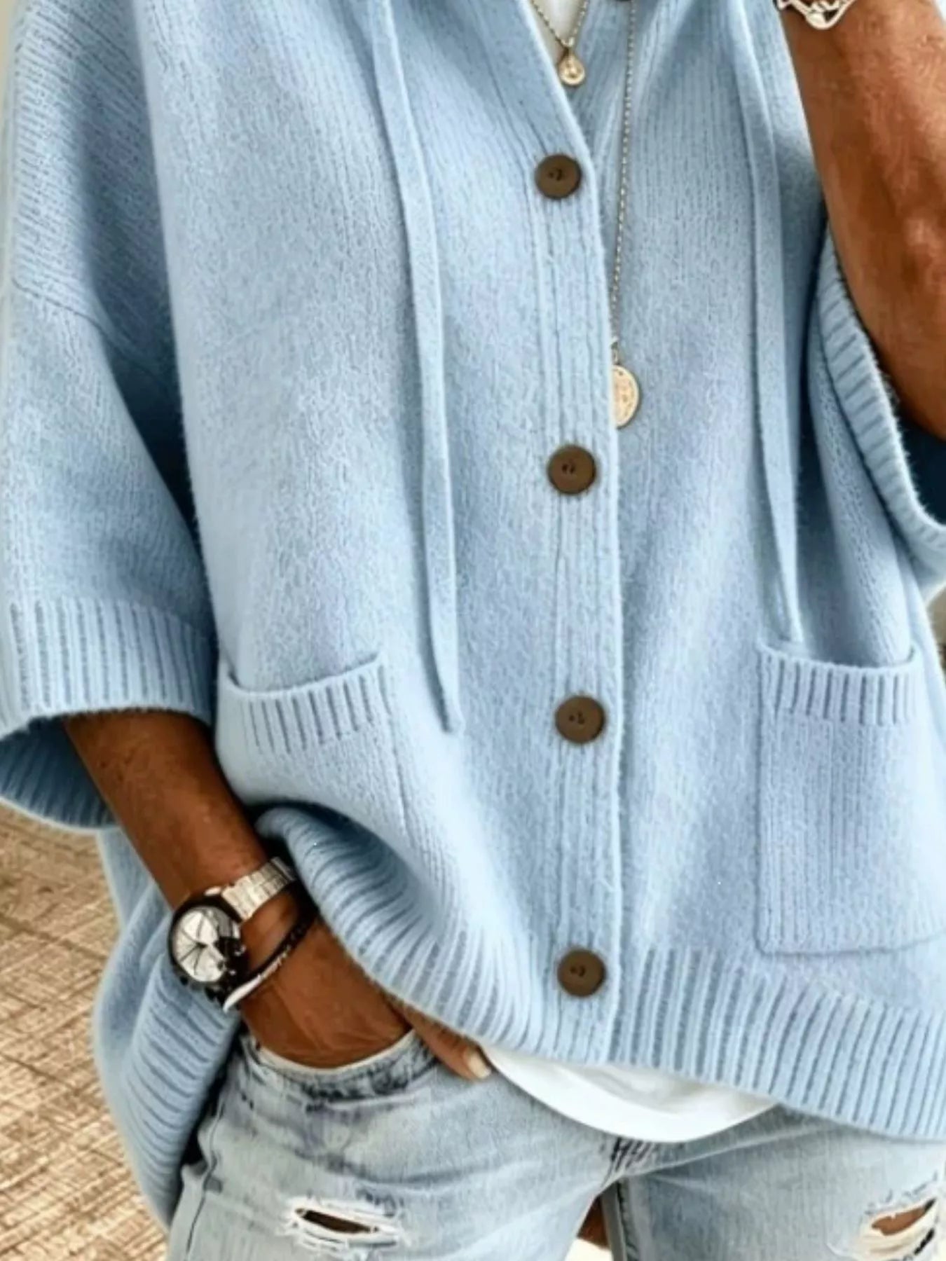 Trendsi Hooded Button-Down Knit Cardigan -
