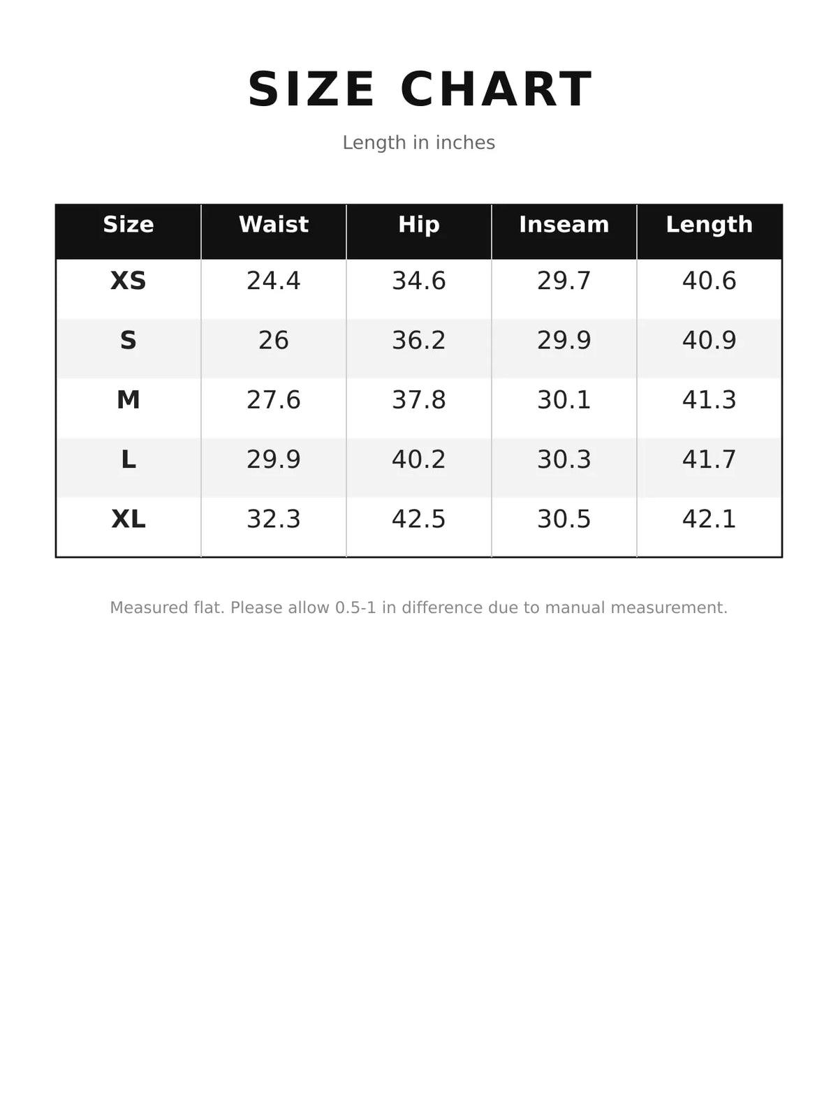 Size chart for high-waisted crossover straight-leg jeans