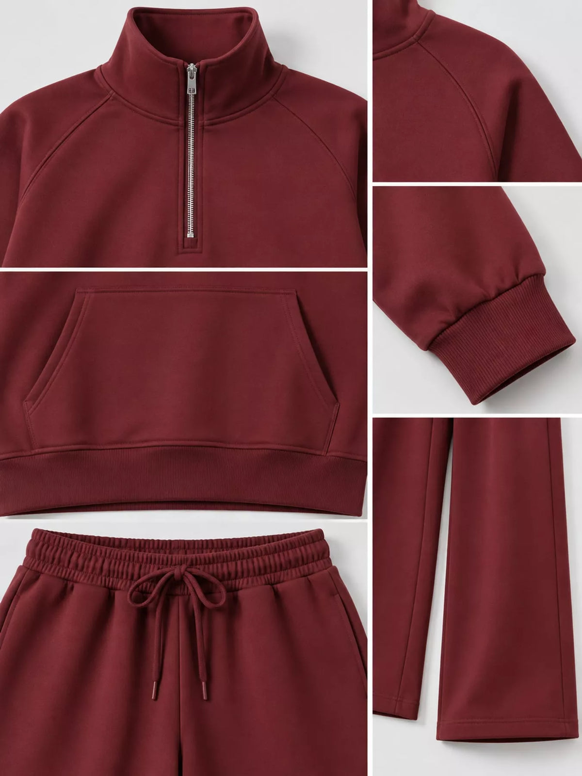 Half-zip top and pants set, burgundy garment details