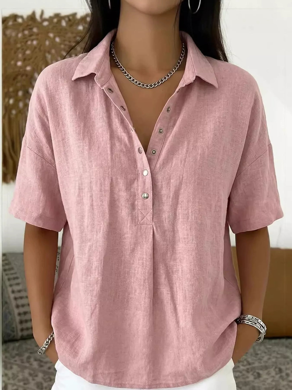 Snap Down Shirt in pink, front view