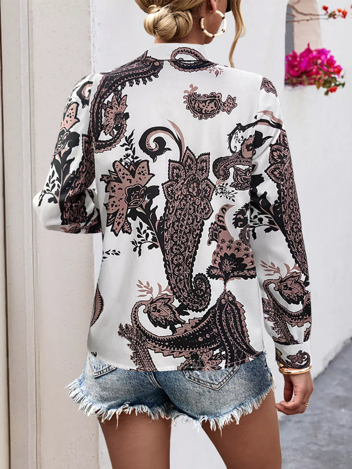 Printed Button-Down Long Sleeve Shirt in pink, paisley back view