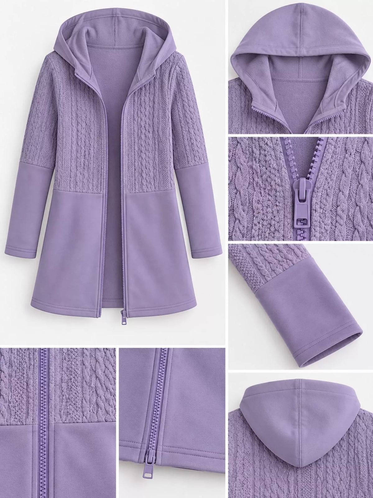 Purple hooded zip-up jacket, hood, zipper, cable-knit panels, cuff, and back close-ups