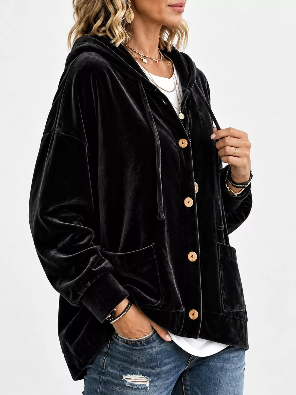 Black velvet dropped shoulder hoodie, side view