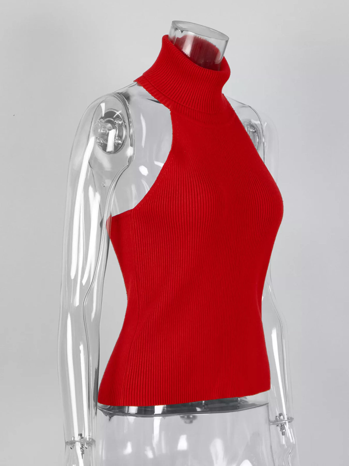 Red ribbed halter-neck tank, side on mannequin