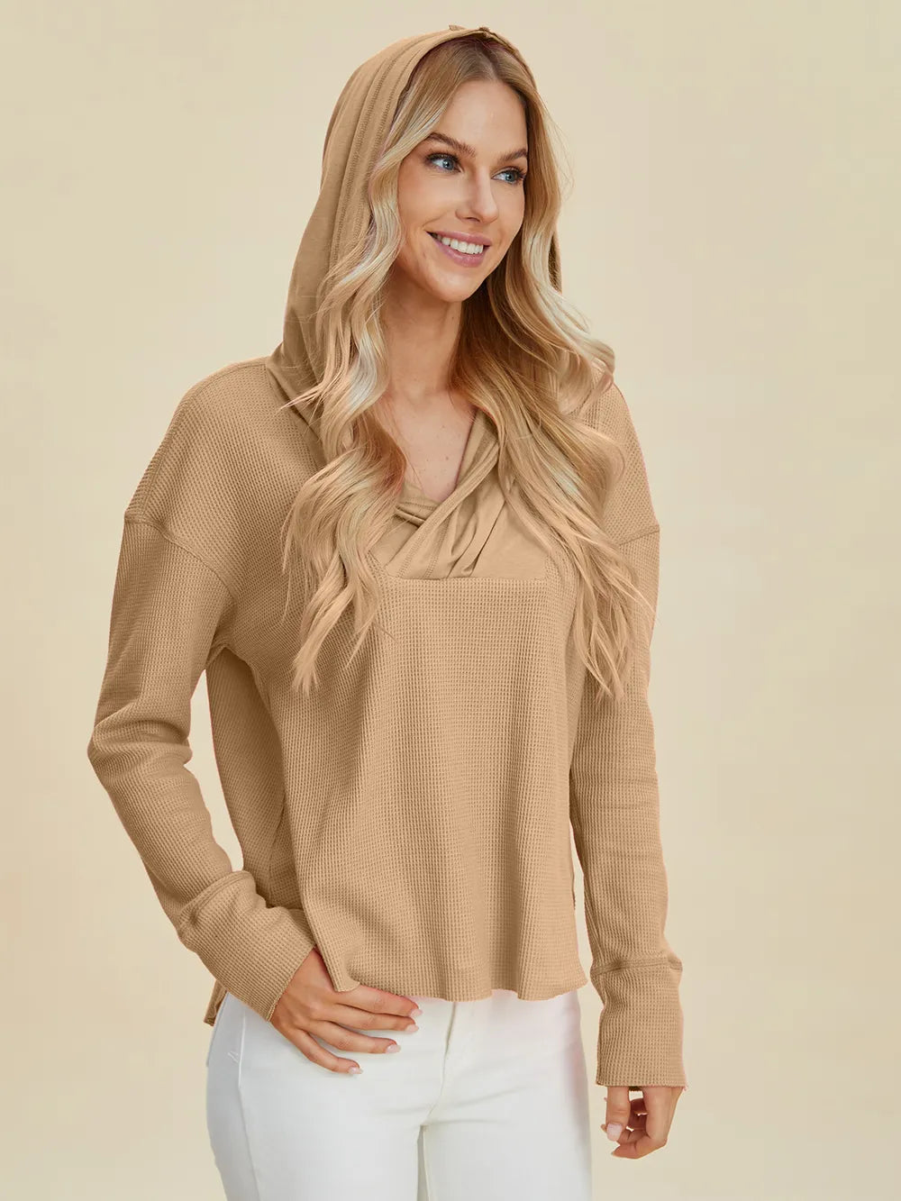 High-low dropped-shoulder long-sleeve hoodie