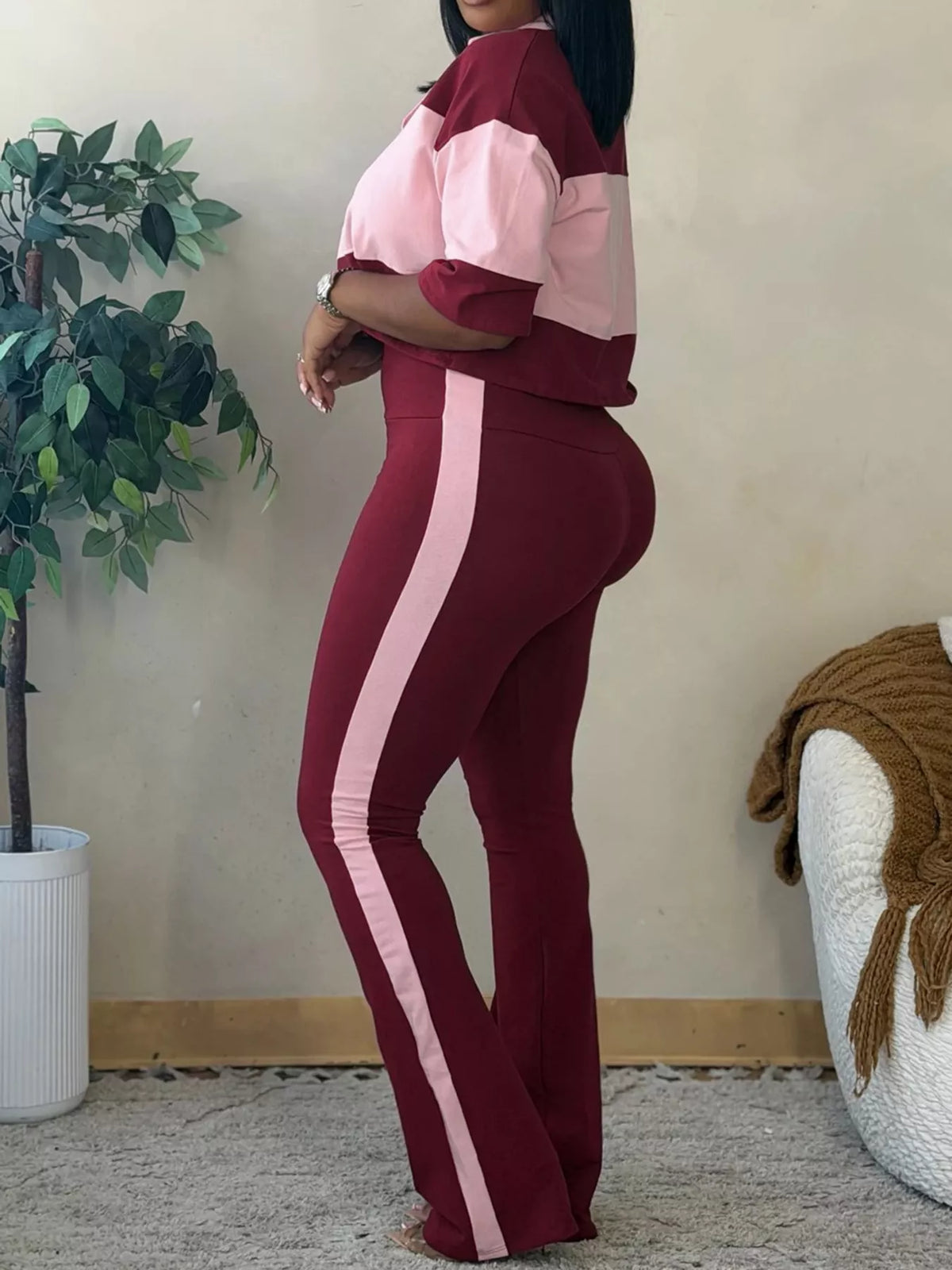 Color-Block Polo Collar Crop Top and Pants Two-Piece Set in burgundy and pink