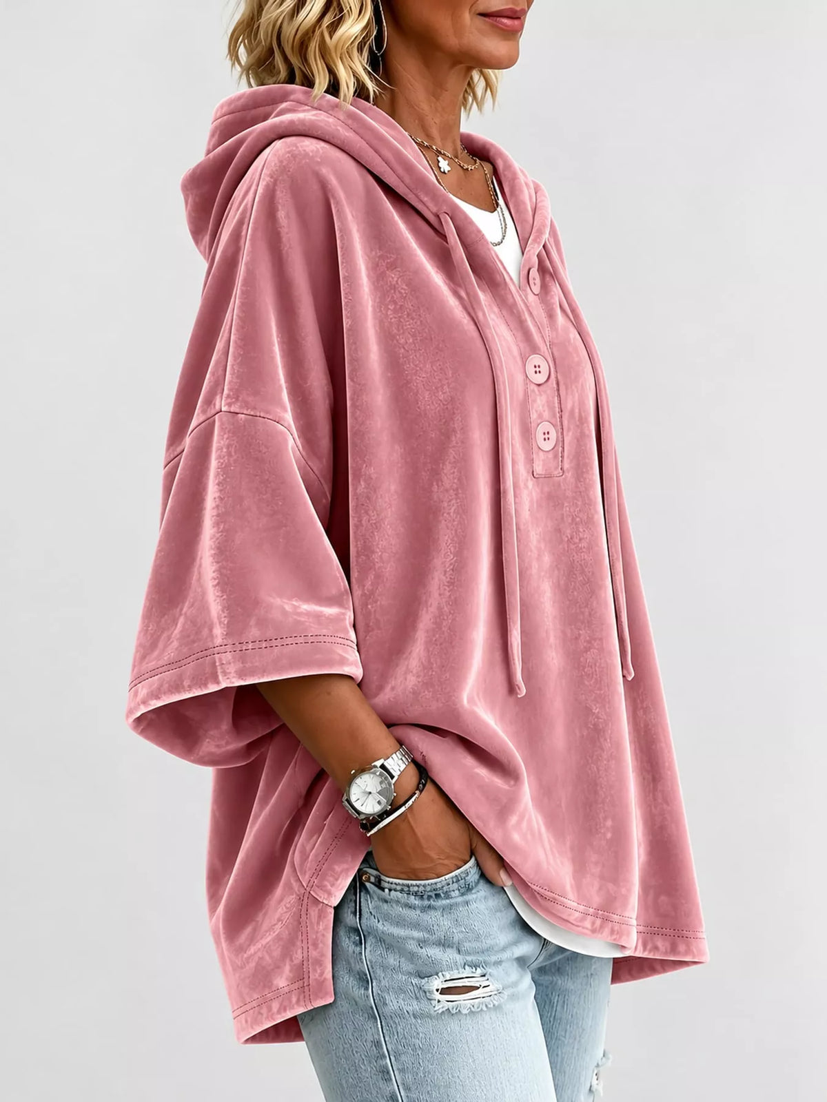 Velvet Button Hoodie in pink, side view