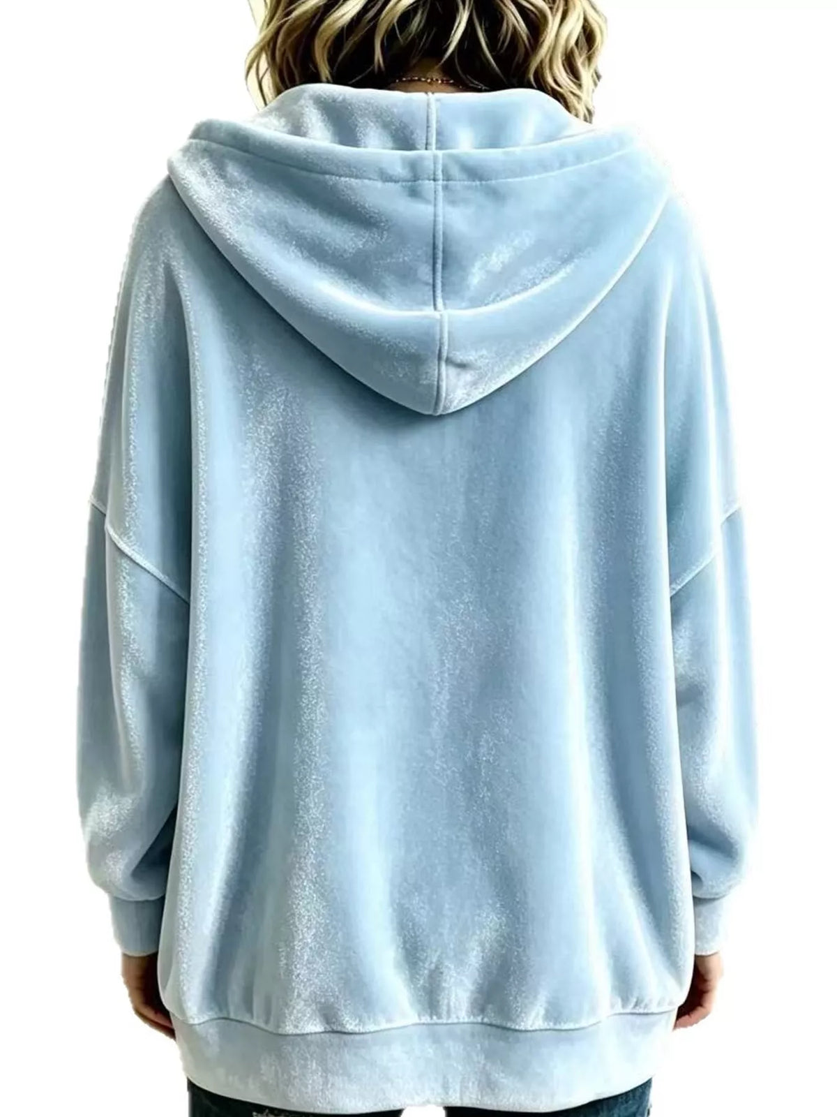 Light blue velvet dropped shoulder hoodie, back view