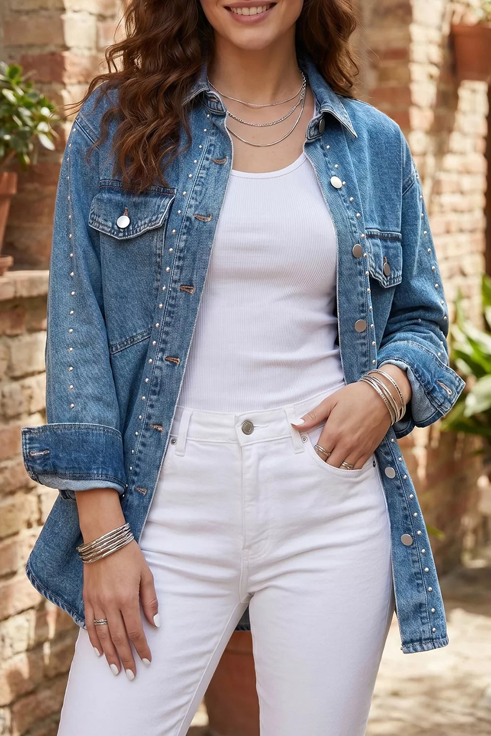 Trendsi Rivet Embellished Western Style Regular Fit Long Sleeve Denim Jacket -