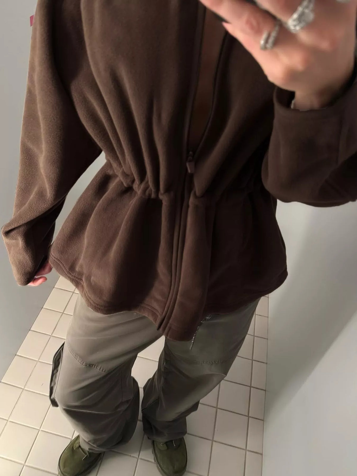 Brown drawstring fleece zip-up jacket