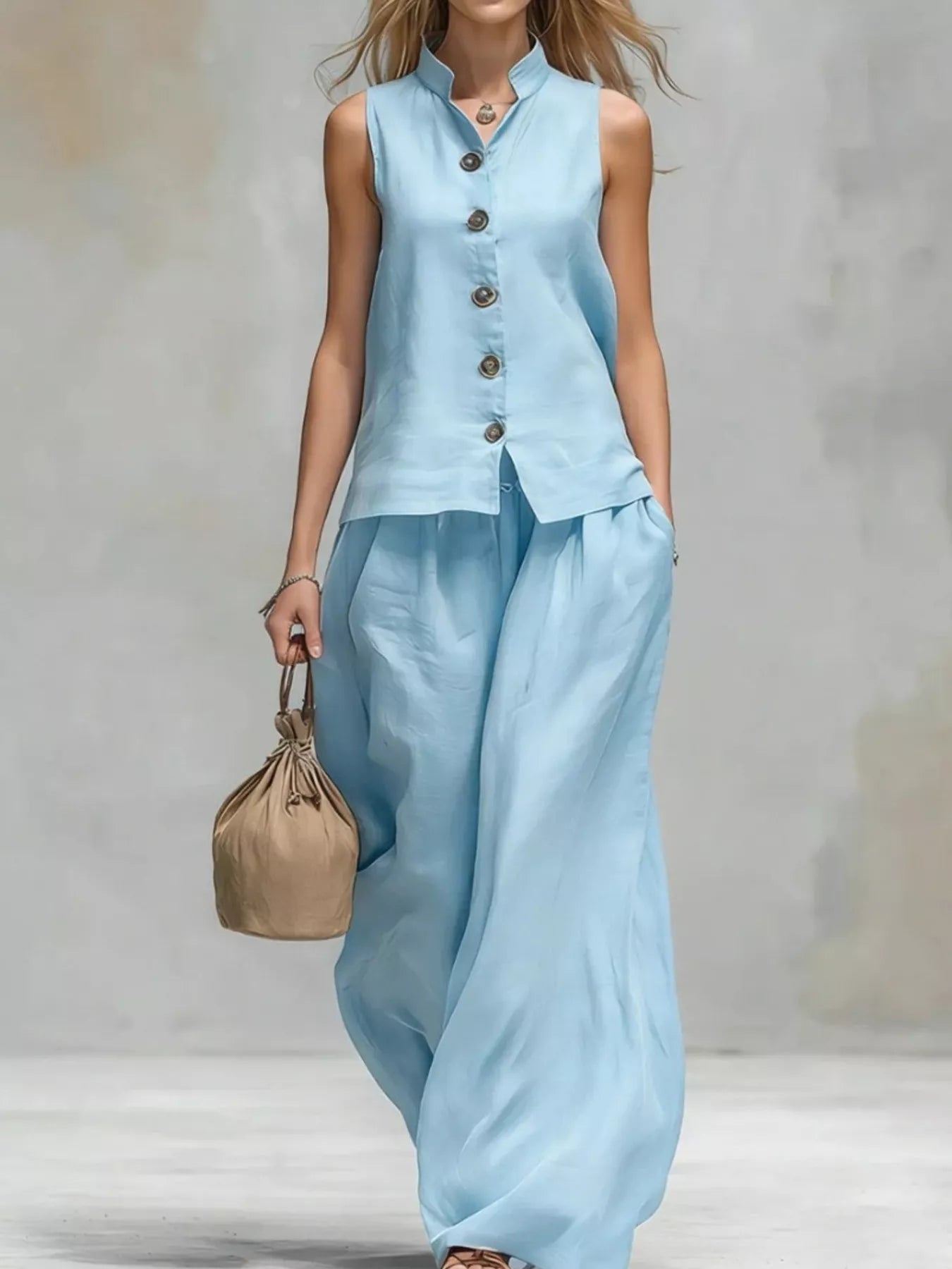 Trendsi Sleeveless Button-Down Top and Wide-Leg Pant Set -