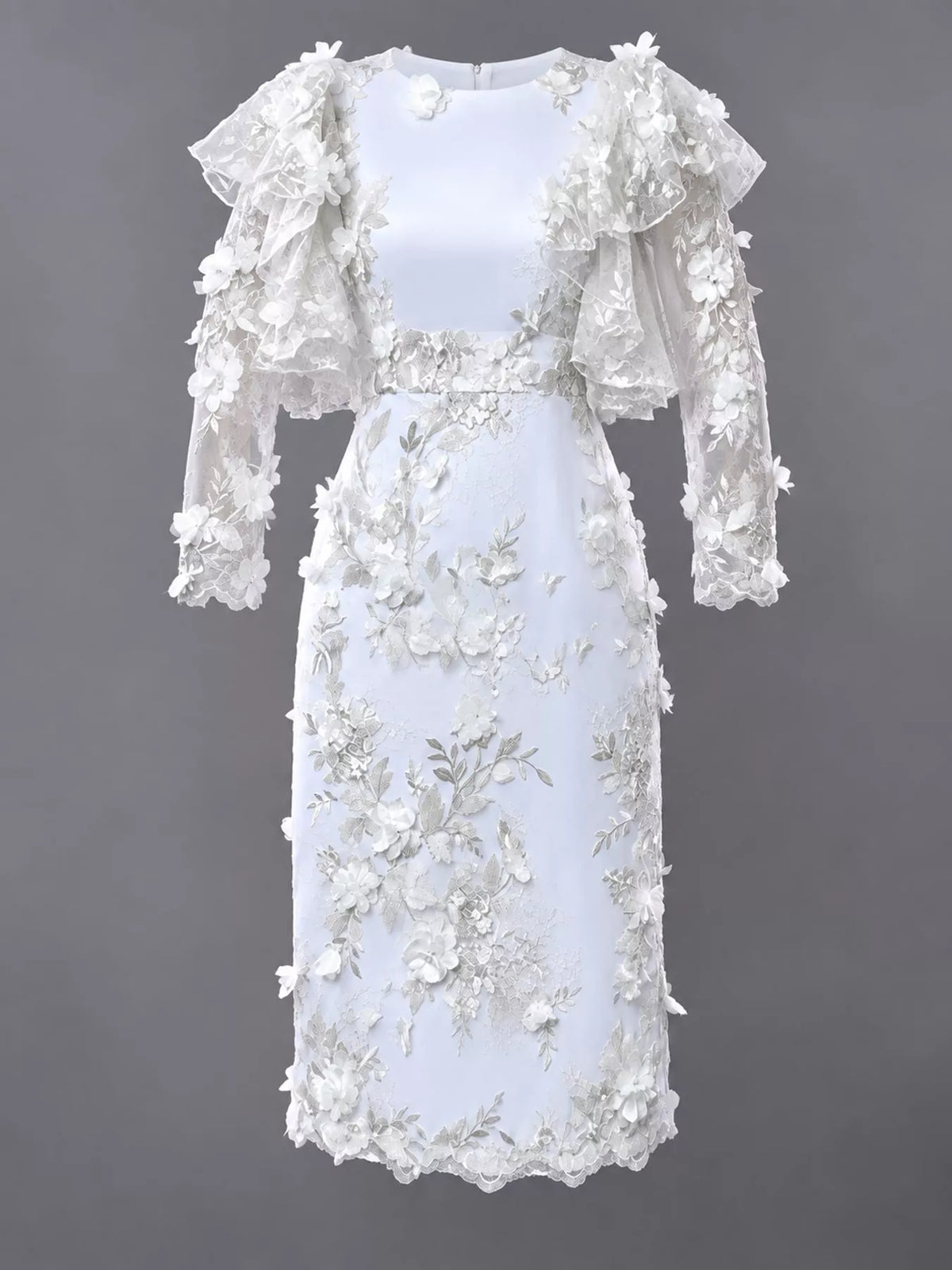 White floral embroidered sheer ruffle sleeve midi dress