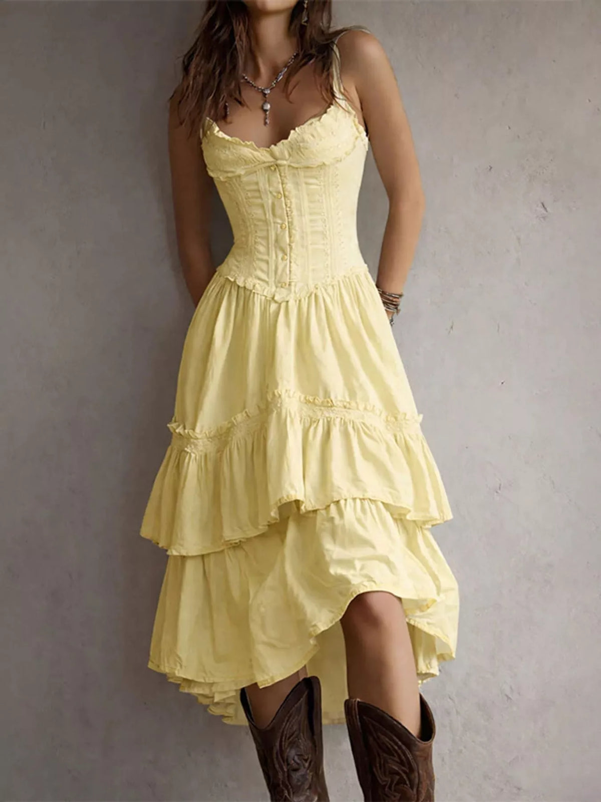 Layered Ruffle Midi Dress in yellow