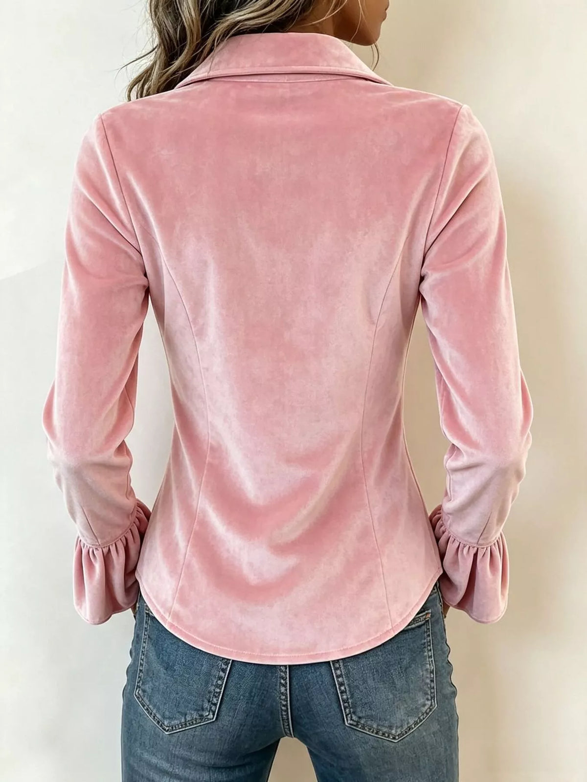Pink velvet flounce-sleeve shirt, back view