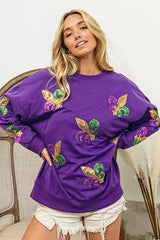 Trendsi BiBi Fleur De Lis Sequin Patches Mardi Gras Sweatshirt -