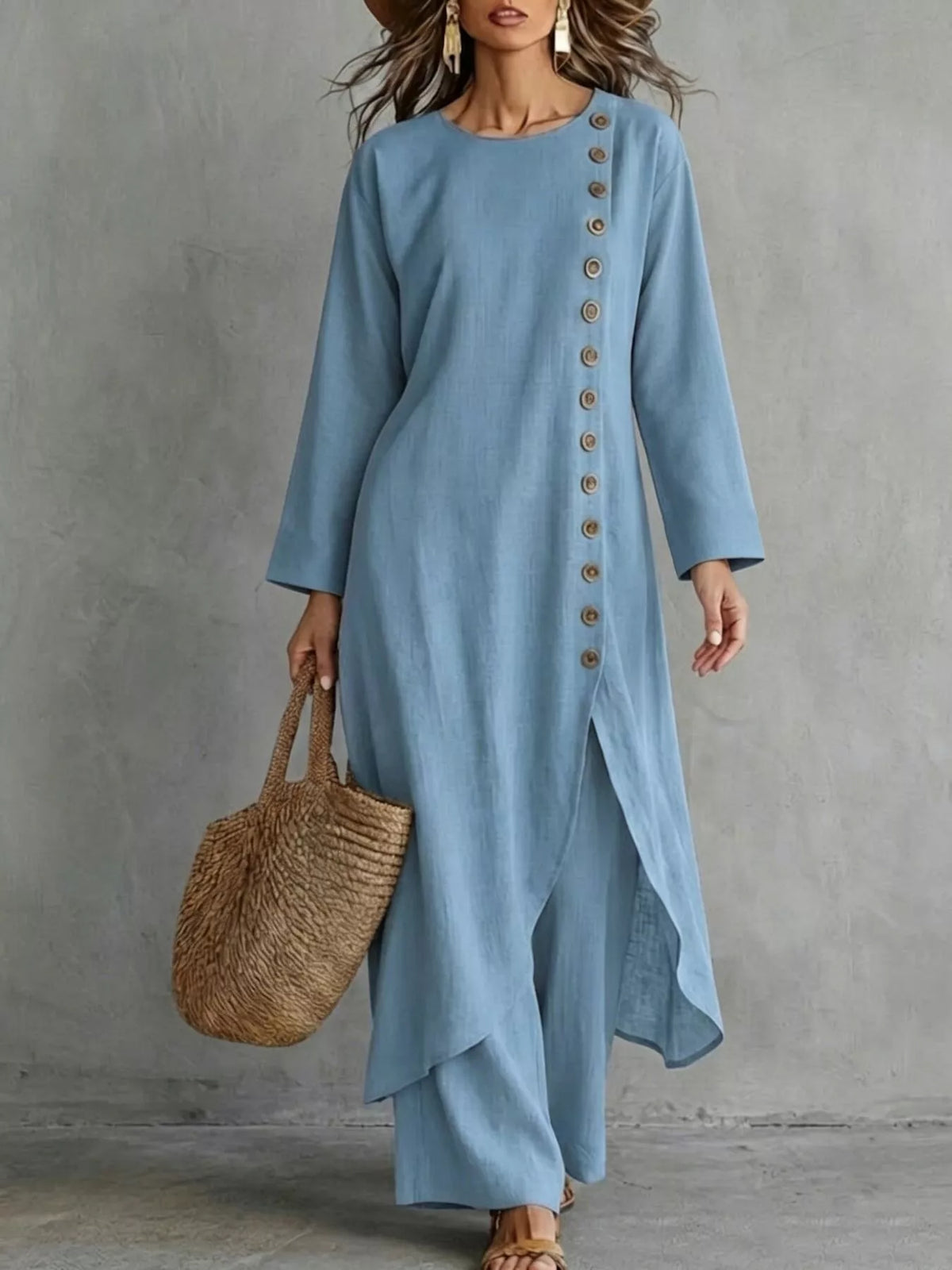 Blue longline top and pants set, front view