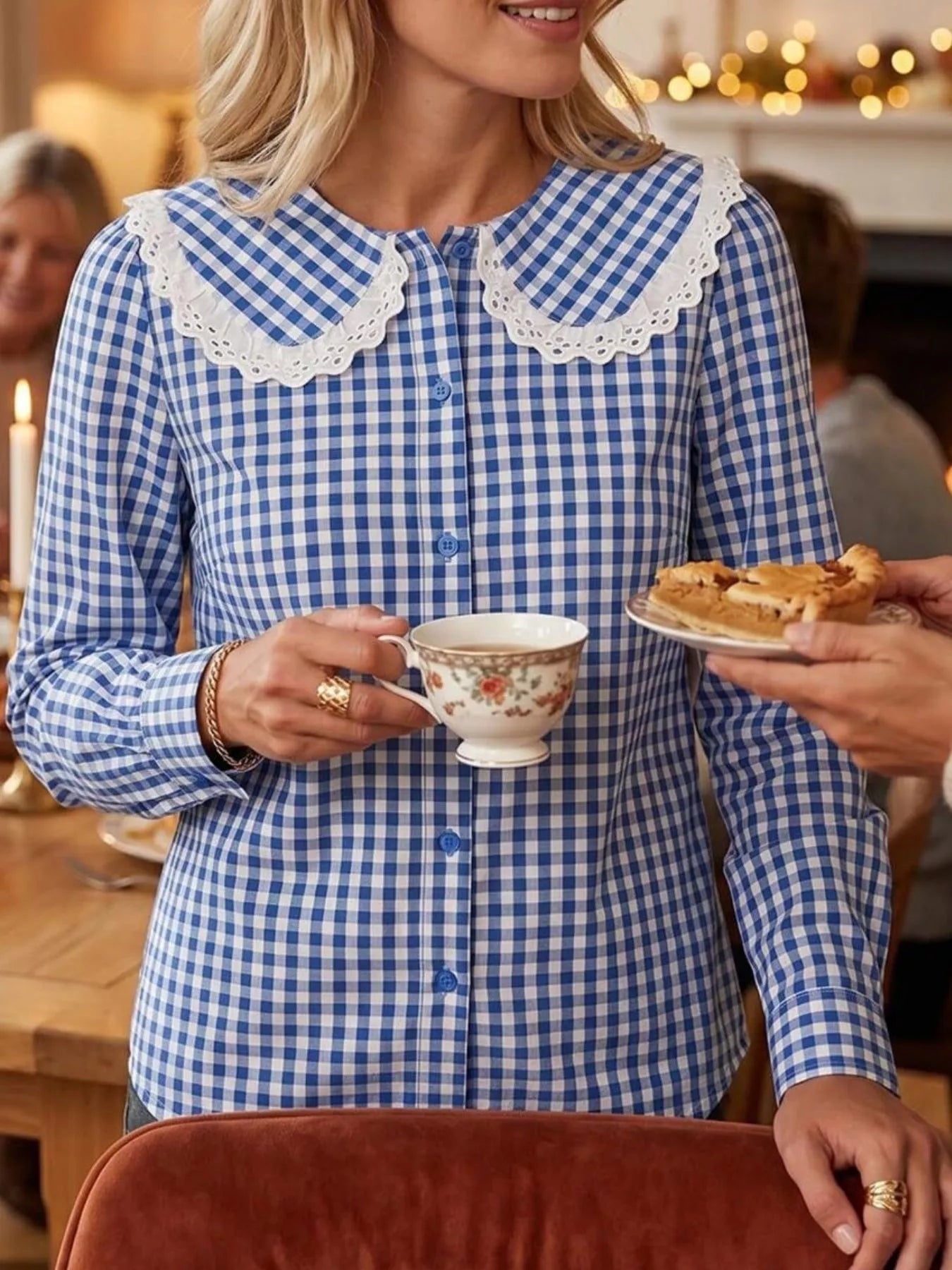 Trendsi Lace Peter Pan Collar Button Up Shirt -
